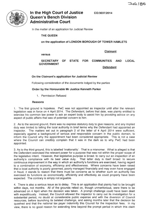 3 - Tower Hamlets Judicial Review Judgement